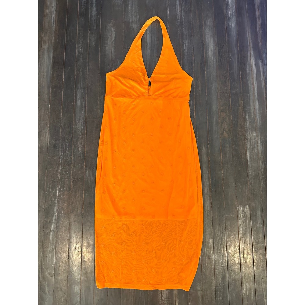 Wild Fable Orange Mesh Halter Midi Dress‎ Floral Embroidered Cutout NWT